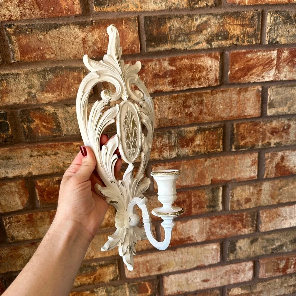 Vintage Syroco Style White Gold Ornate Scroll Wall Sconce Candle Holder Set of 2
